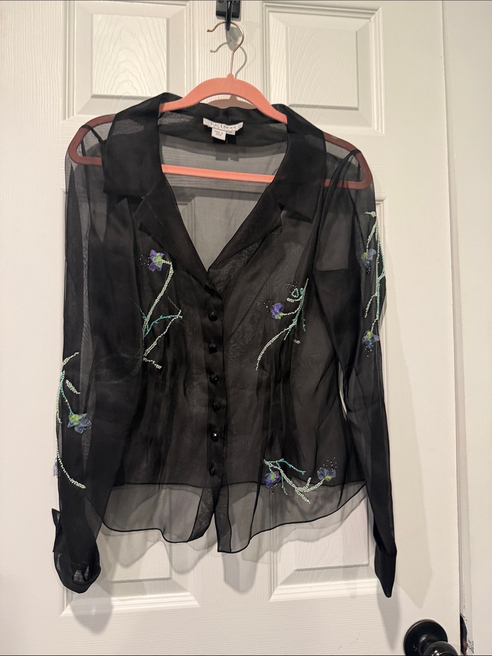 Kay Unger Black Sheer Embroidered Button-Front Blouse with Purple Floral Accents